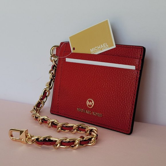 MICHAEL KORS Jet Set Small ID Pebbled Leather Chain Card Holder Case-Crimson $69 - Picture 8 of 16